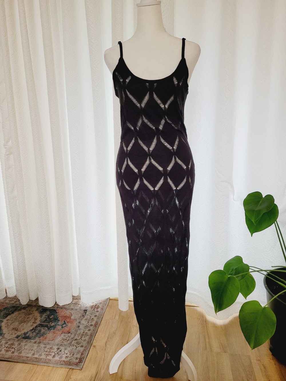 Black Knit Maxi Slip Dress with Diamond Cutout Pattern